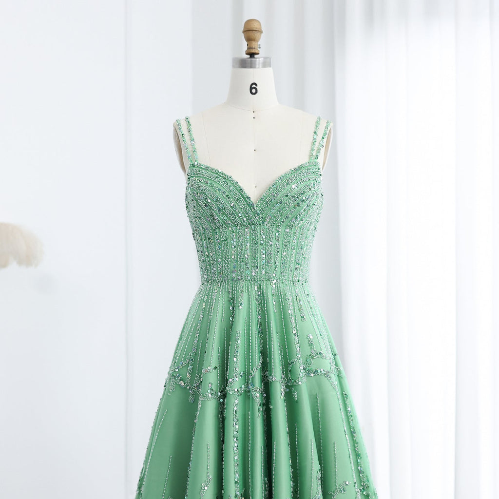 Luxury Beaded Spaghetti Straps Green Evening Dresses with Sequin SS225