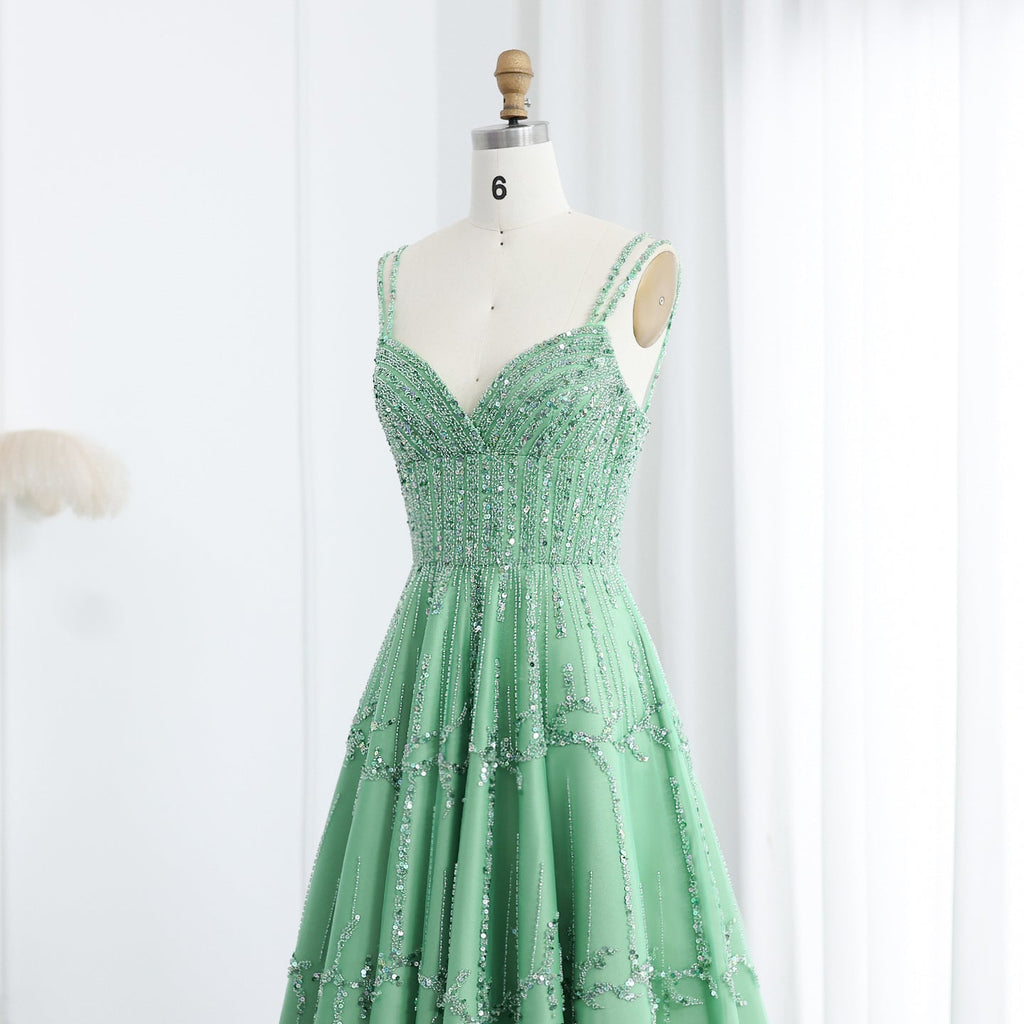 Luxury Beaded Spaghetti Straps Green Evening Dresses with Sequin SS225