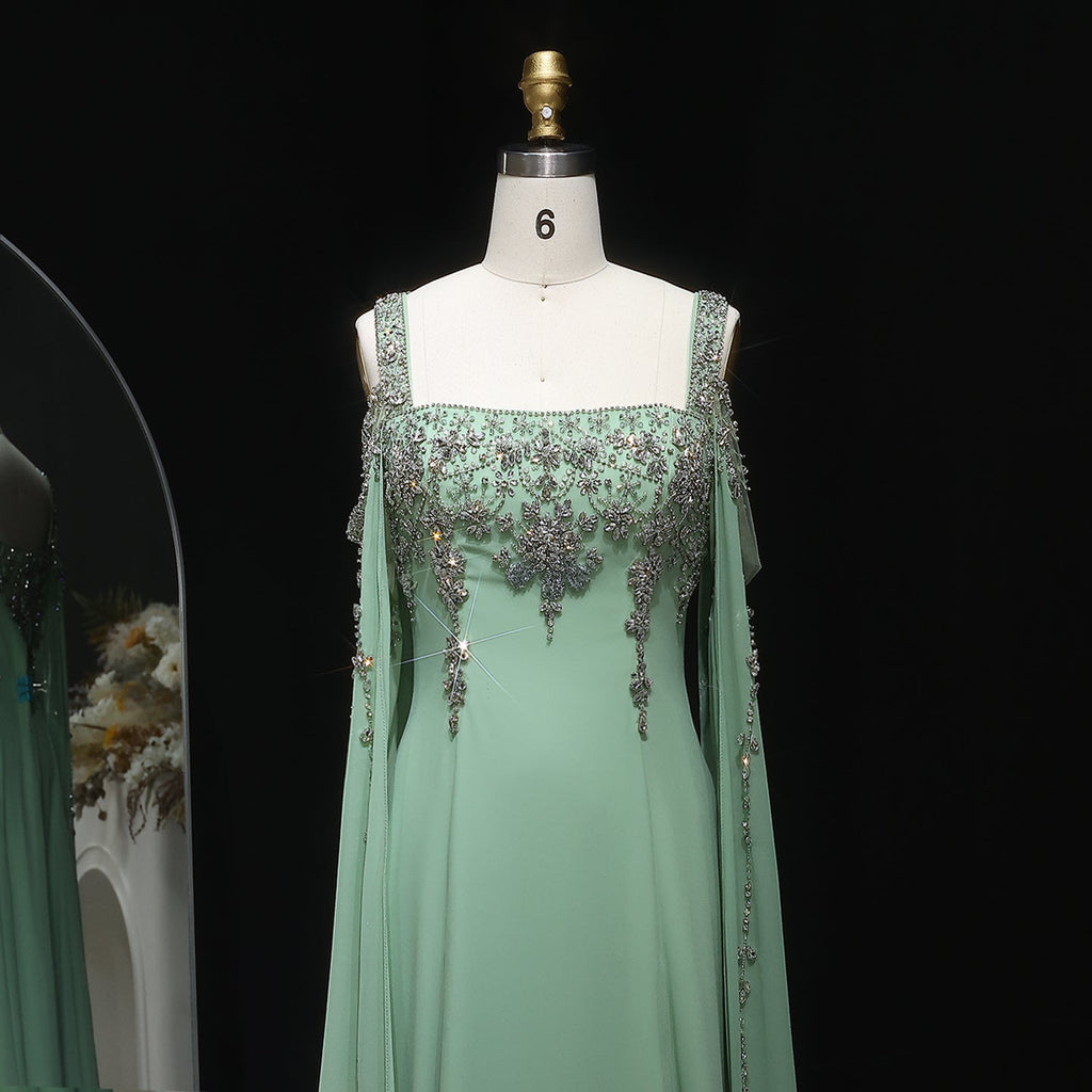 Luxury Crystal Royal Blue Evening Dress with Cape Sleeve SS305