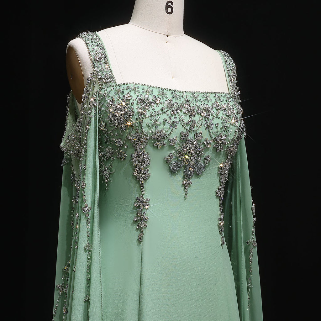 Luxury Crystal Royal Blue Evening Dress with Cape Sleeve SS305