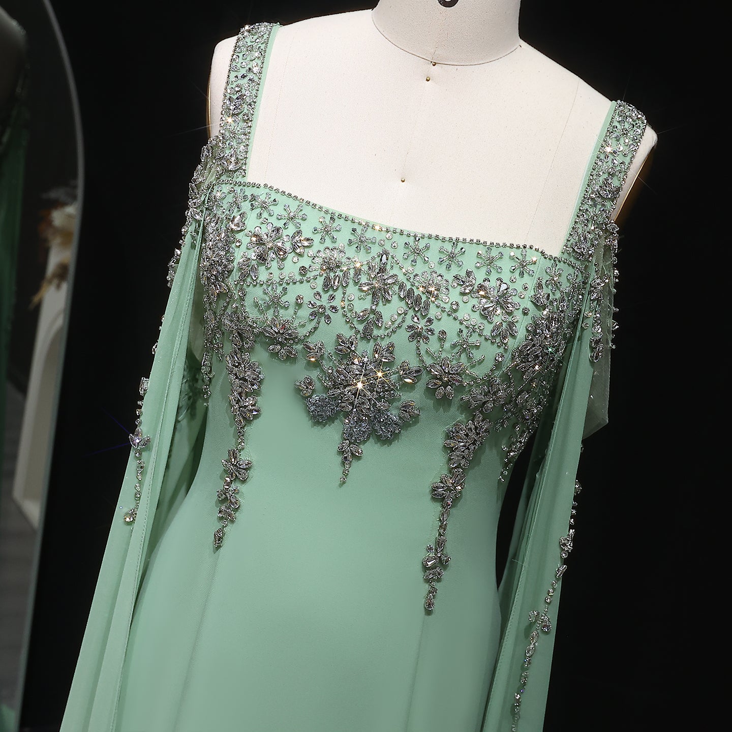 Luxury Crystal Royal Blue Evening Dress with Cape Sleeve SS305