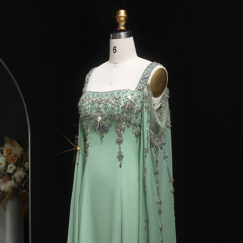 Luxury Crystal Royal Blue Evening Dress with Cape Sleeve SS305