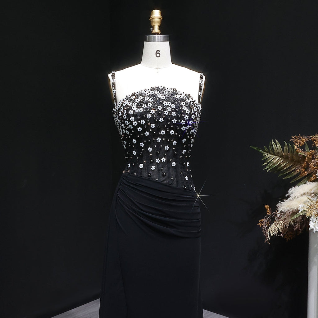 Glamorous Black Ruched Corset Beaded Mermaid Evening Dress SS248