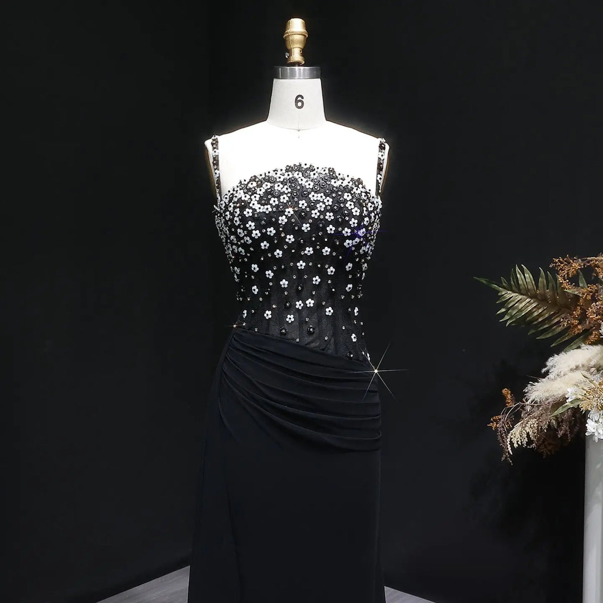Luxury Black Beaded Corset Ruched Mermaid Evening Dress SS248