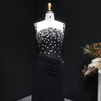 Luxury Black Beaded Corset Ruched Mermaid Evening Dress SS248