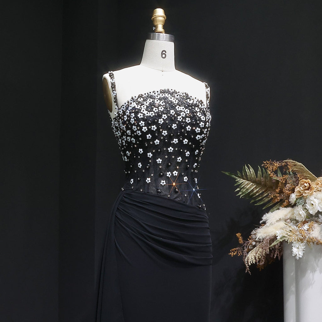Glamorous Black Ruched Corset Beaded Mermaid Evening Dress SS248