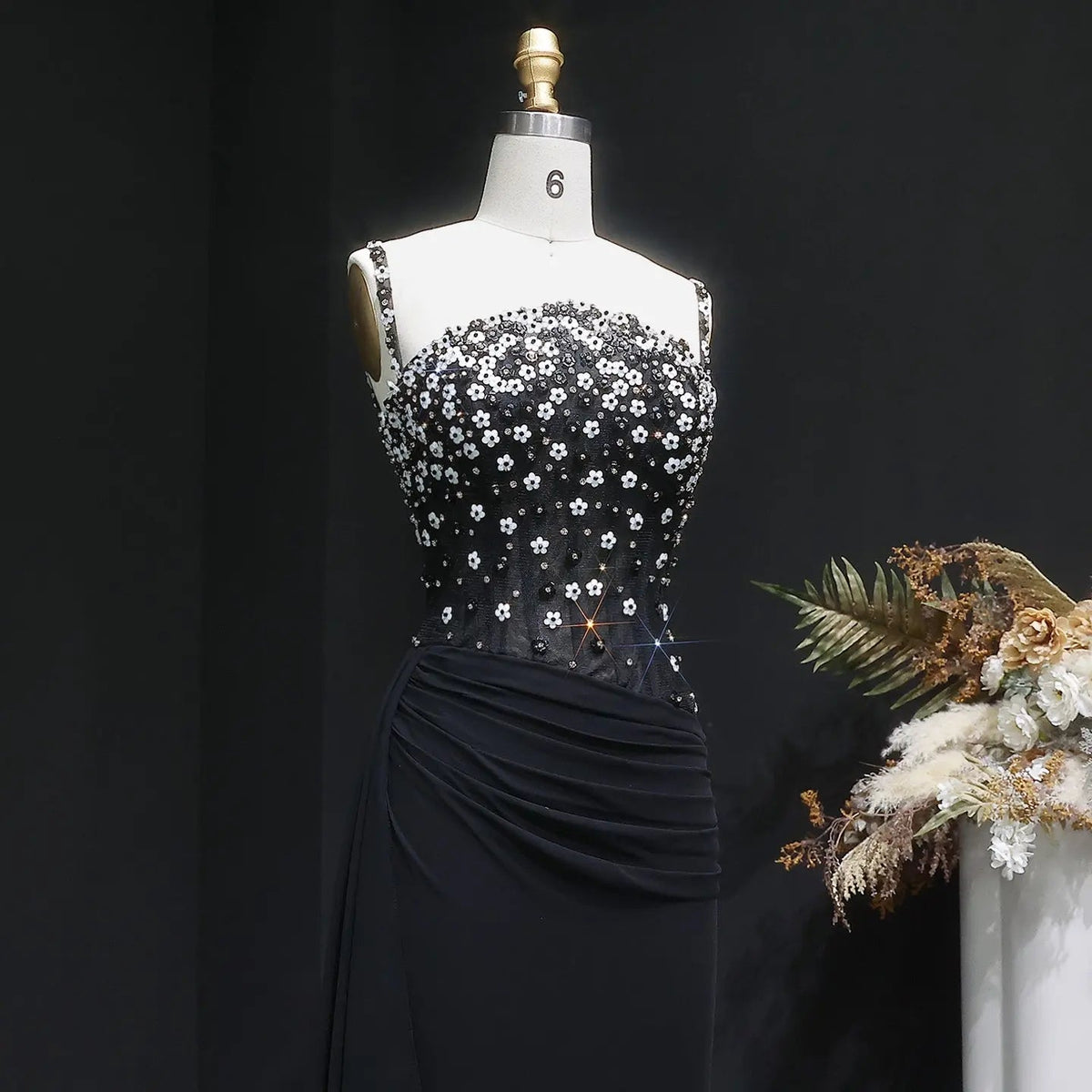 Luxury Black Beaded Corset Ruched Mermaid Evening Dress SS248