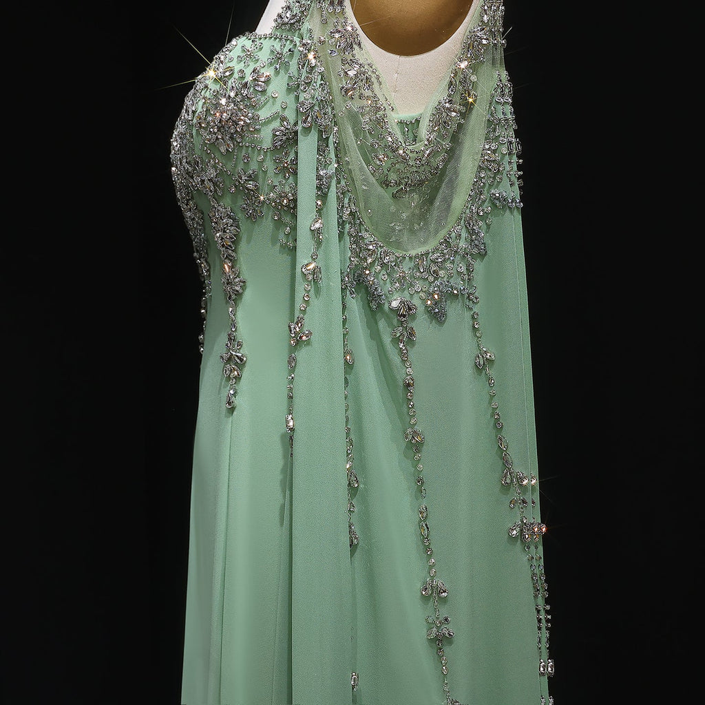 Luxury Crystal Royal Blue Evening Dress with Cape Sleeve SS305