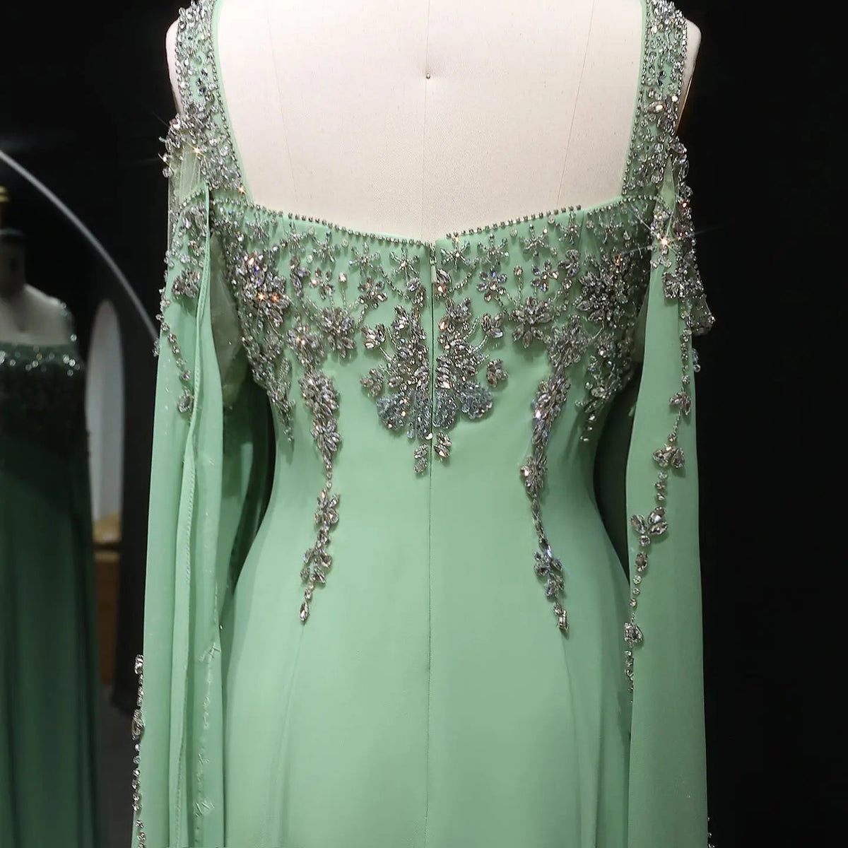 Chic Blue Crystal  Evening Dress with Flowing Cape Sleeve SS305