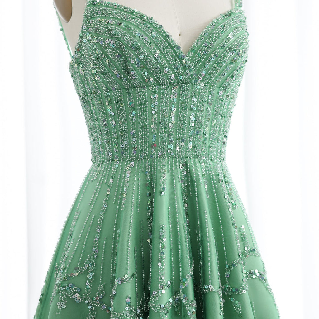 Luxury Beaded Spaghetti Straps Green Evening Dresses with Sequin SS225