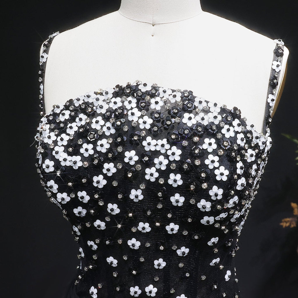 Glamorous Black Ruched Corset Beaded Mermaid Evening Dress SS248
