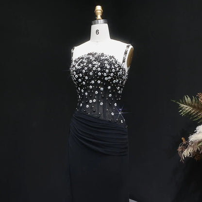 Luxury Black Beaded Corset Ruched Mermaid Evening Dress SS248
