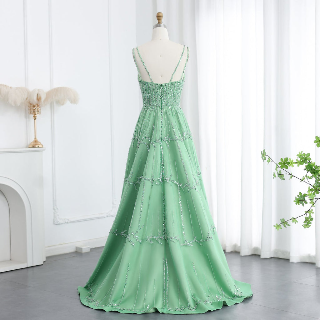 Luxury Beaded Spaghetti Straps Green Evening Dresses with Sequin SS225
