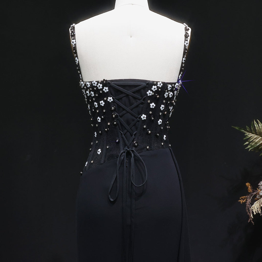 Glamorous Black Ruched Corset Beaded Mermaid Evening Dress SS248