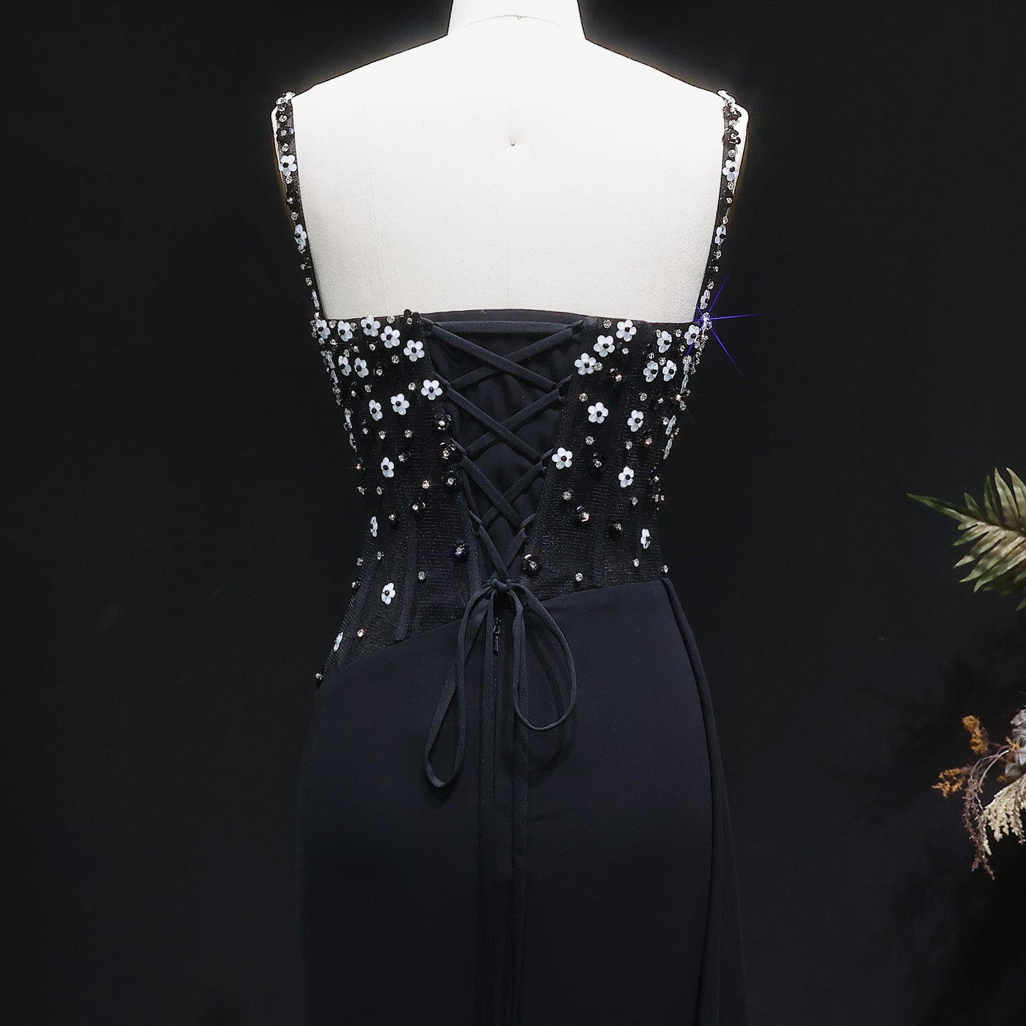 Glamorous Black Ruched Corset Beaded Mermaid Evening Dress SS248