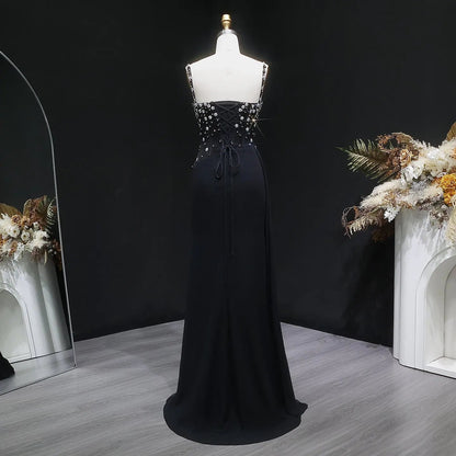 Luxury Black Beaded Corset Ruched Mermaid Evening Dress SS248