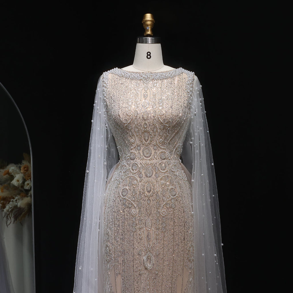 Luxury White Nude Mermaid Evening Dress with Cape Sleeves SS668
