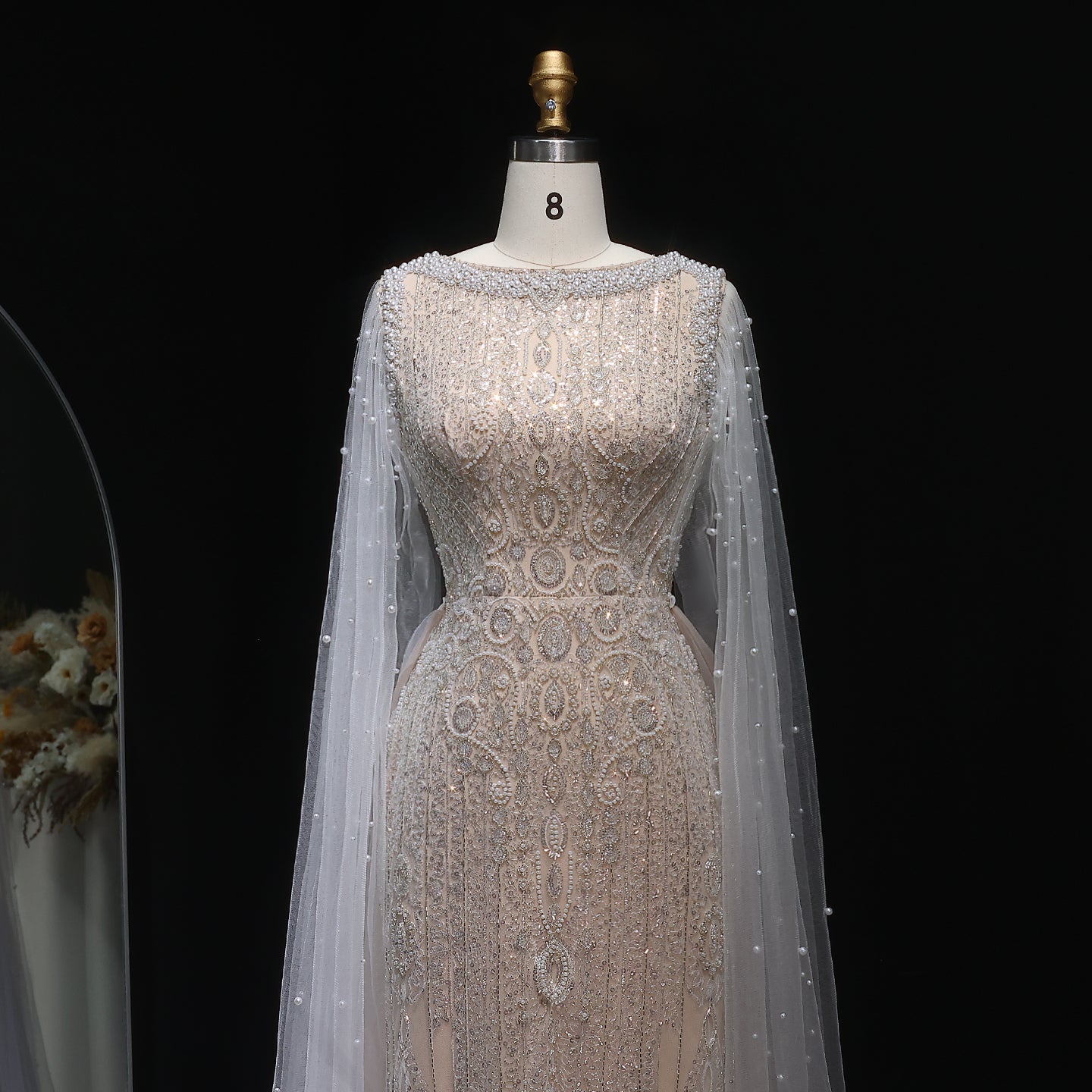 Luxury White Nude Mermaid Evening Dress with Cape Sleeves SS668