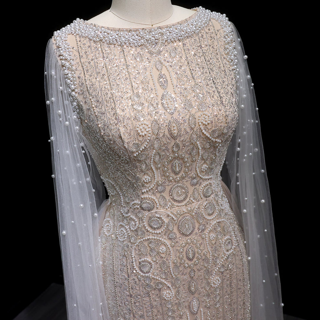 Luxury White Nude Mermaid Evening Dress with Cape Sleeves SS668
