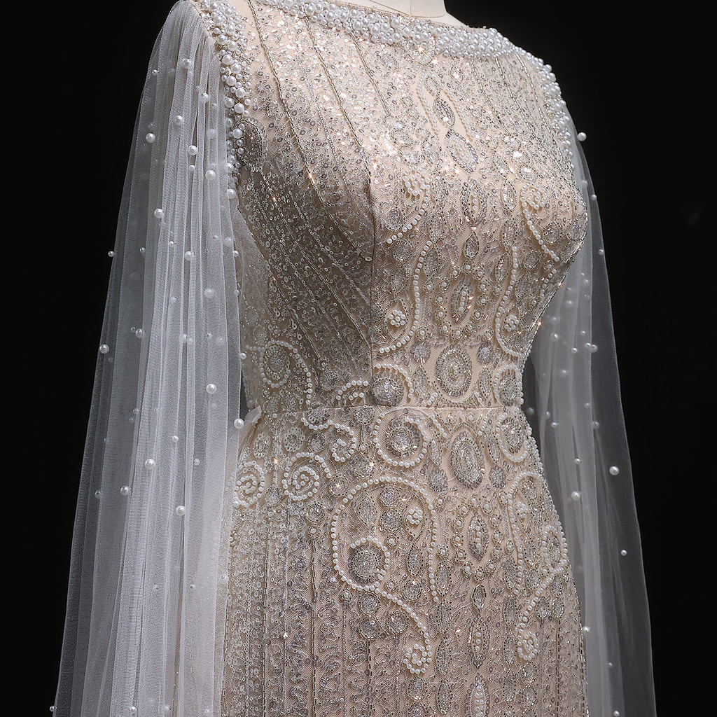 Luxury White Nude Mermaid Evening Dress with Cape Sleeves SS668