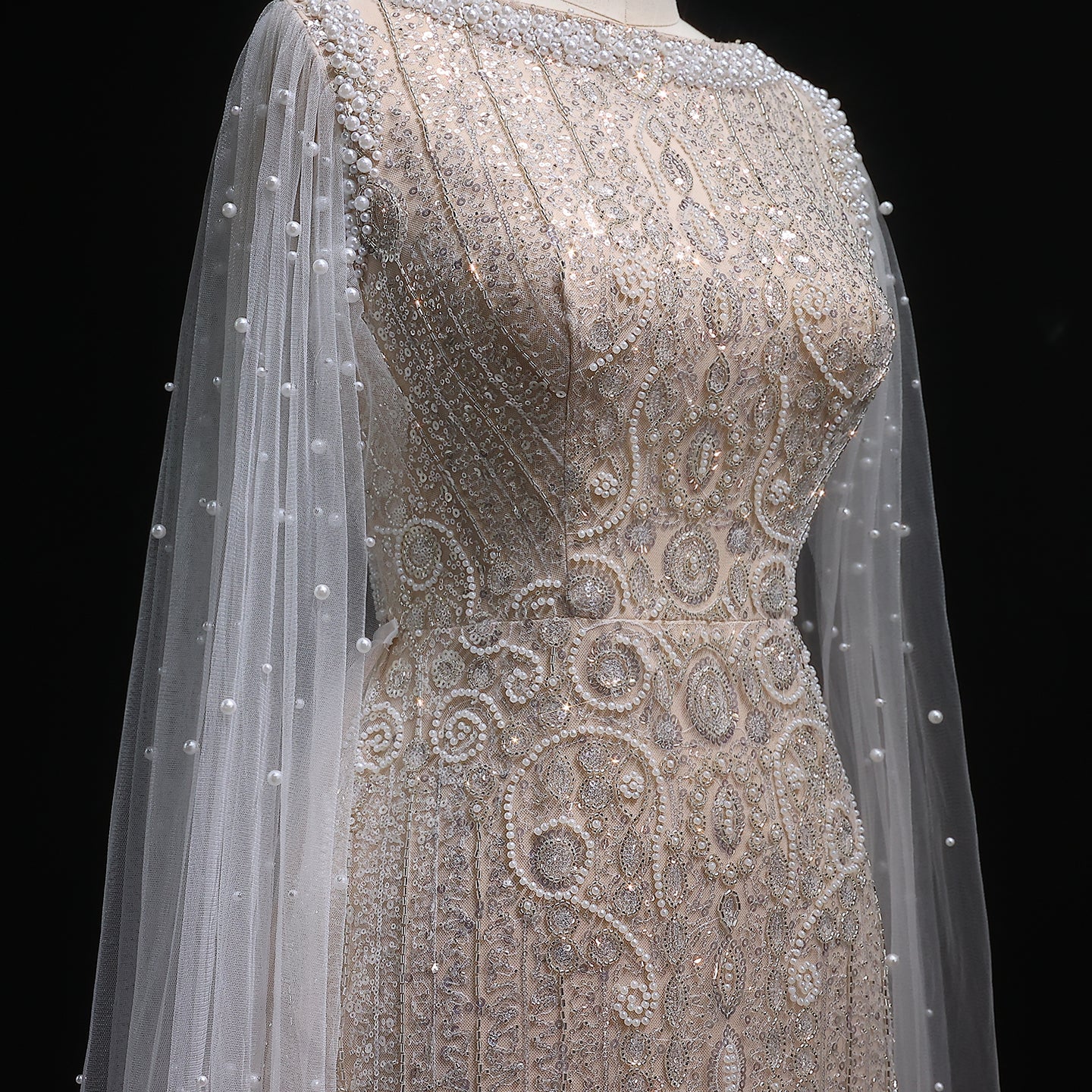 Luxury White Nude Mermaid Evening Dress with Cape Sleeves SS668