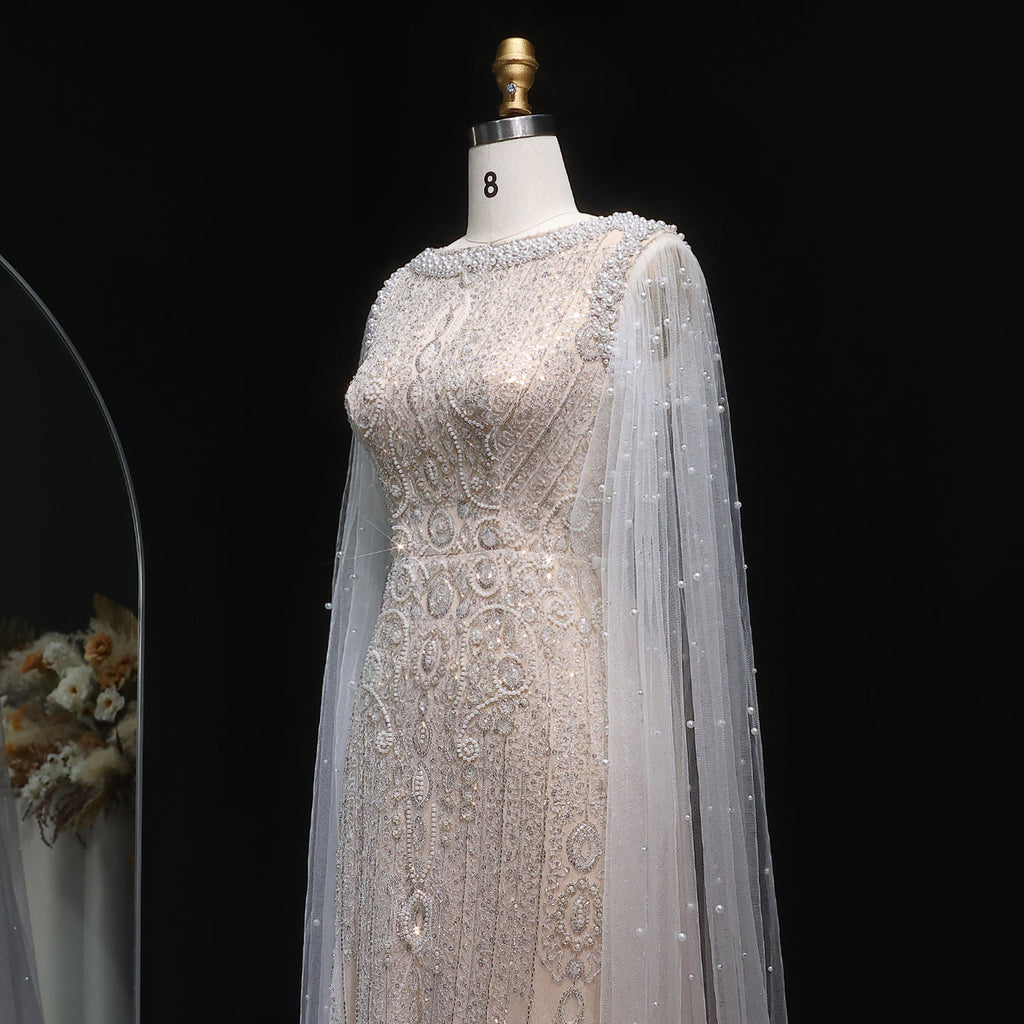 Luxury White Nude Mermaid Evening Dress with Cape Sleeves SS668