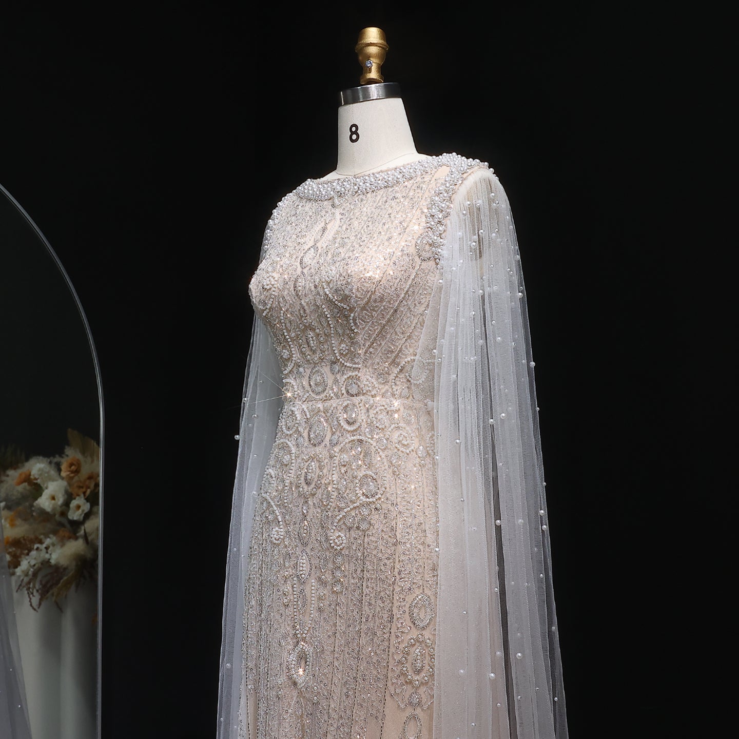 Luxury White Nude Mermaid Evening Dress with Cape Sleeves SS668