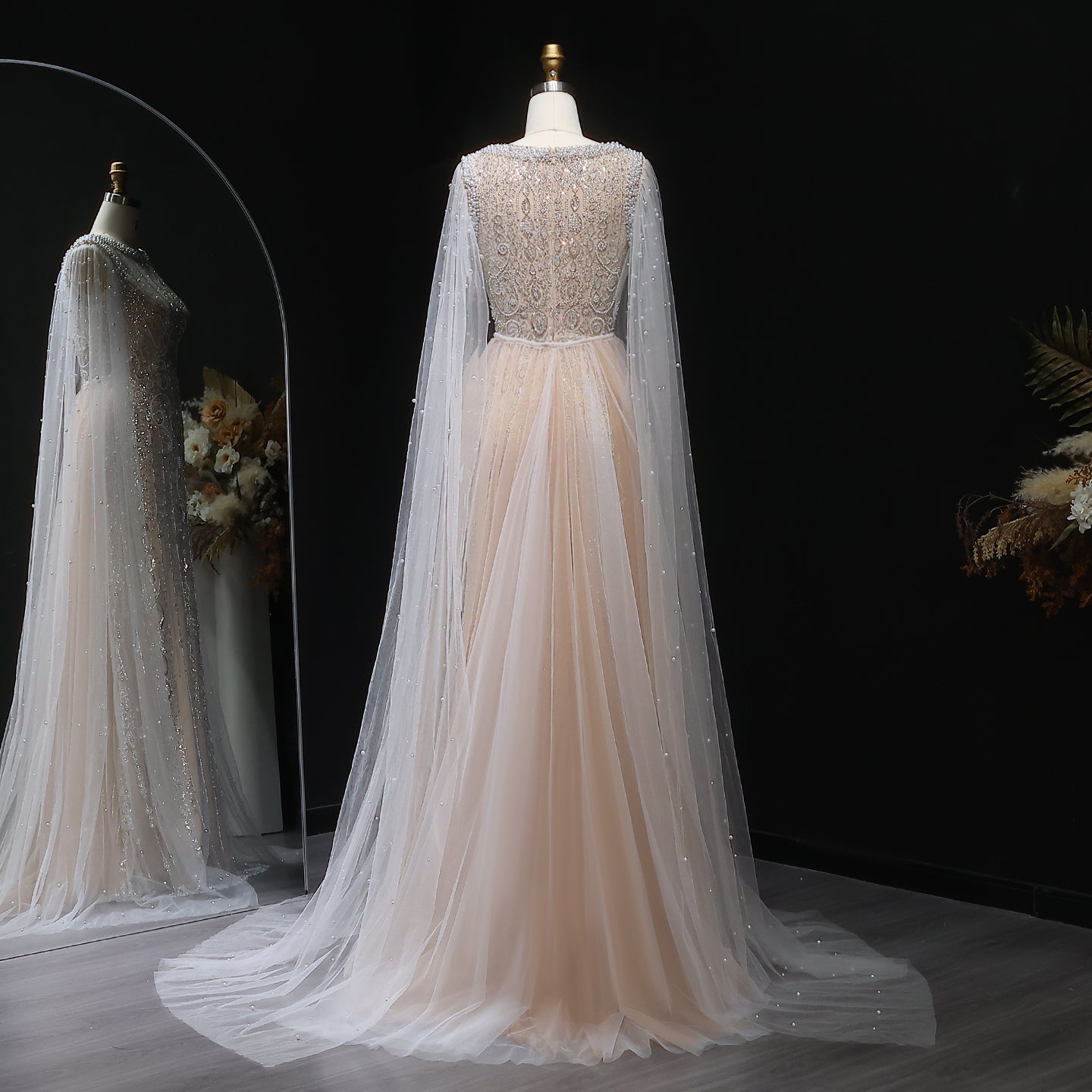 Luxury White Nude Mermaid Evening Dress with Cape Sleeves SS668
