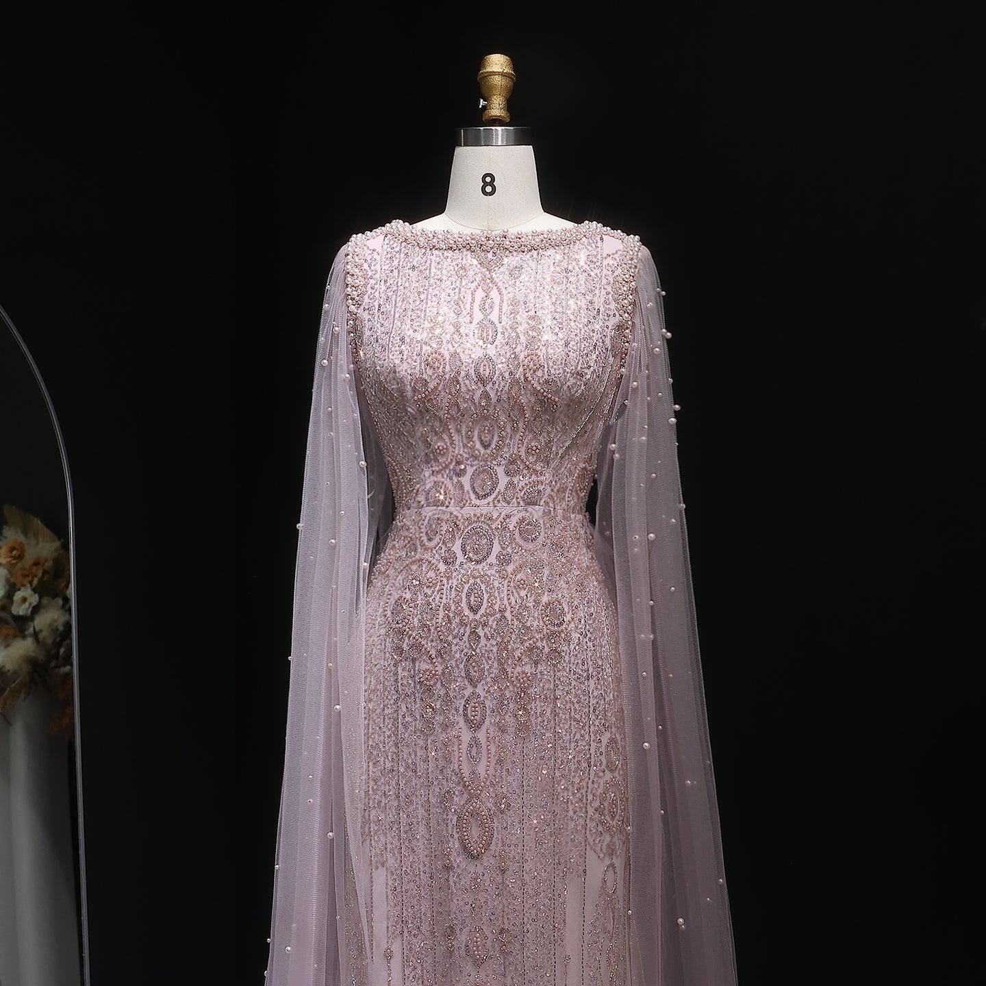 Luxury White Nude Mermaid Evening Dress with Cape Sleeves SS668