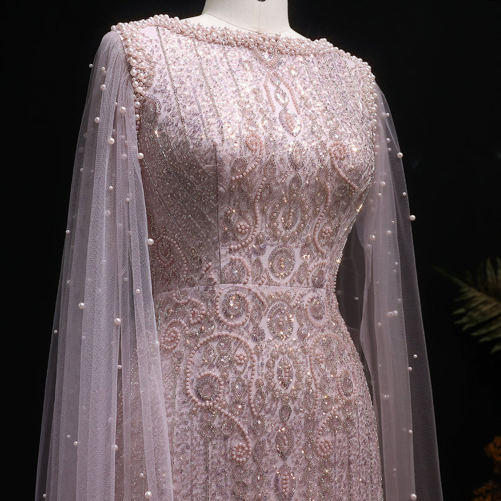 Luxury White Nude Mermaid Evening Dress with Cape Sleeves SS668