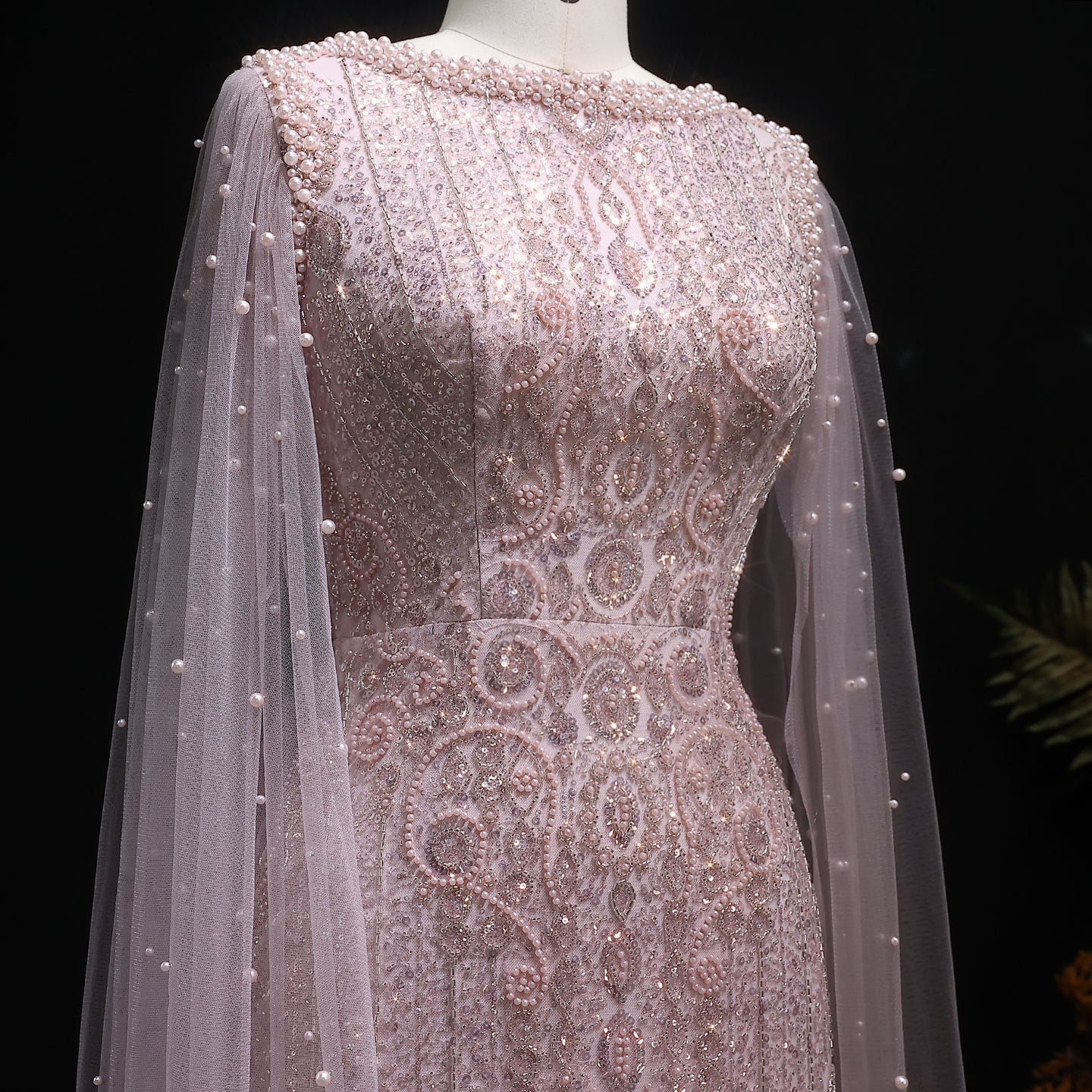 Luxury White Nude Mermaid Evening Dress with Cape Sleeves SS668