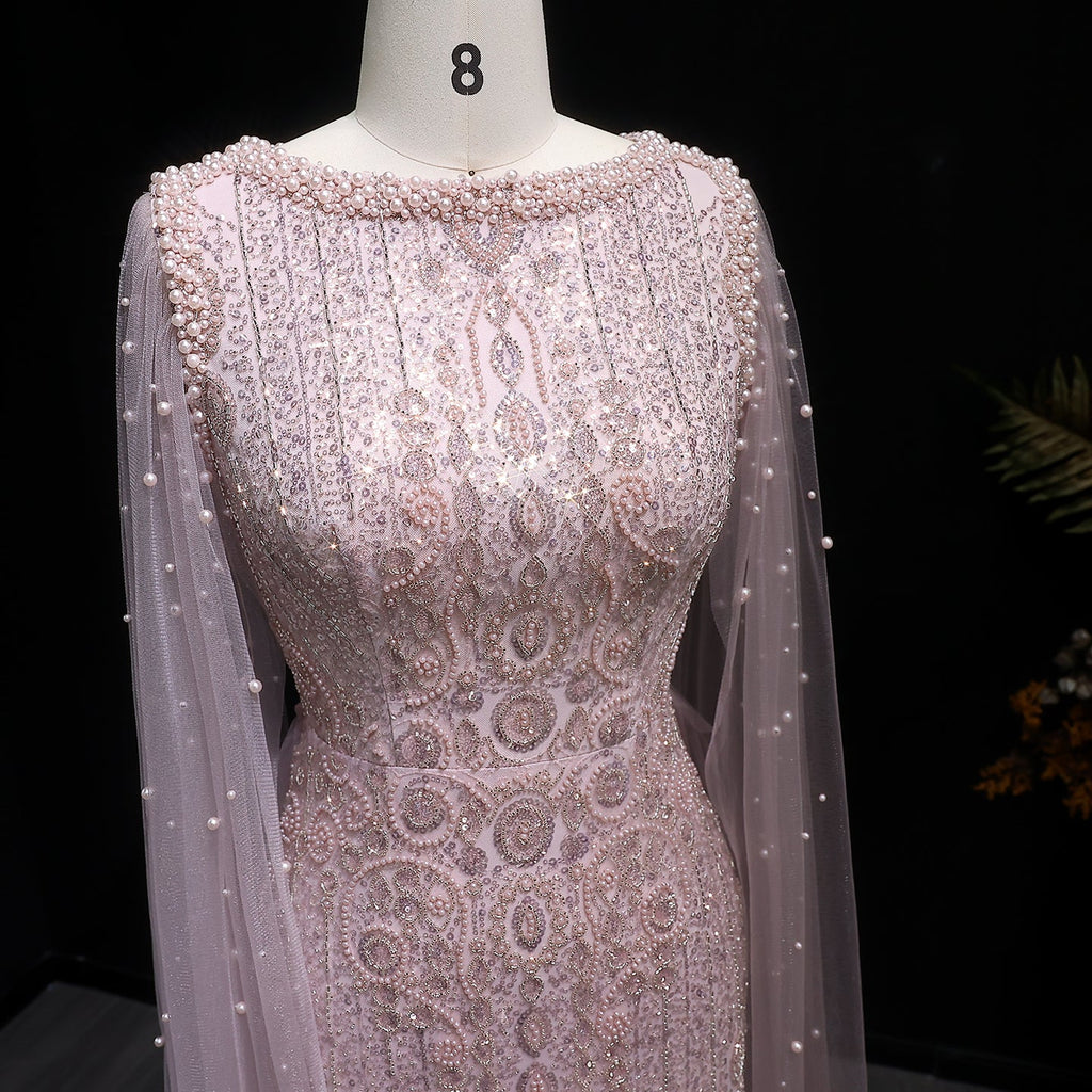 Luxury White Nude Mermaid Evening Dress with Cape Sleeves SS668