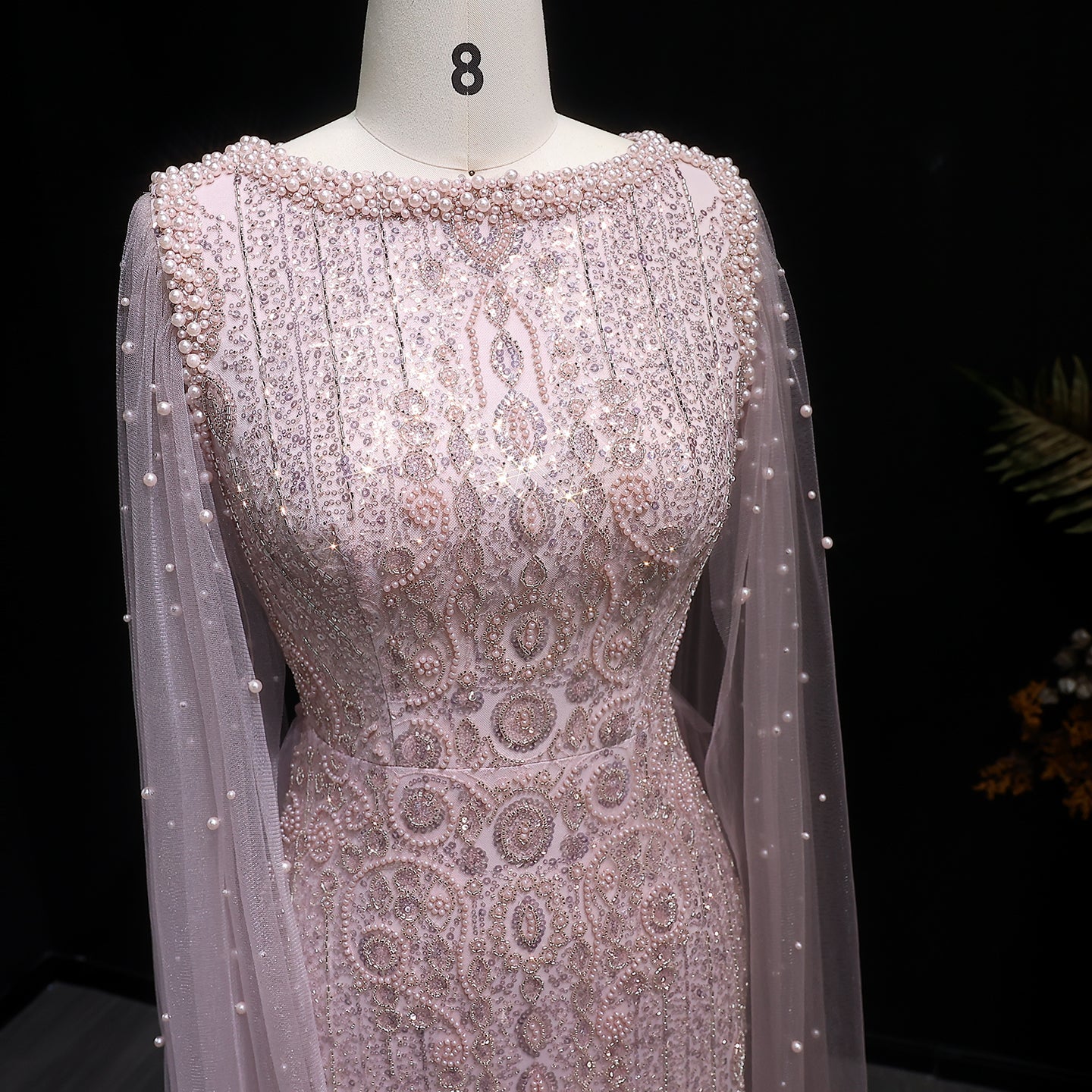 Luxury White Nude Mermaid Evening Dress with Cape Sleeves SS668
