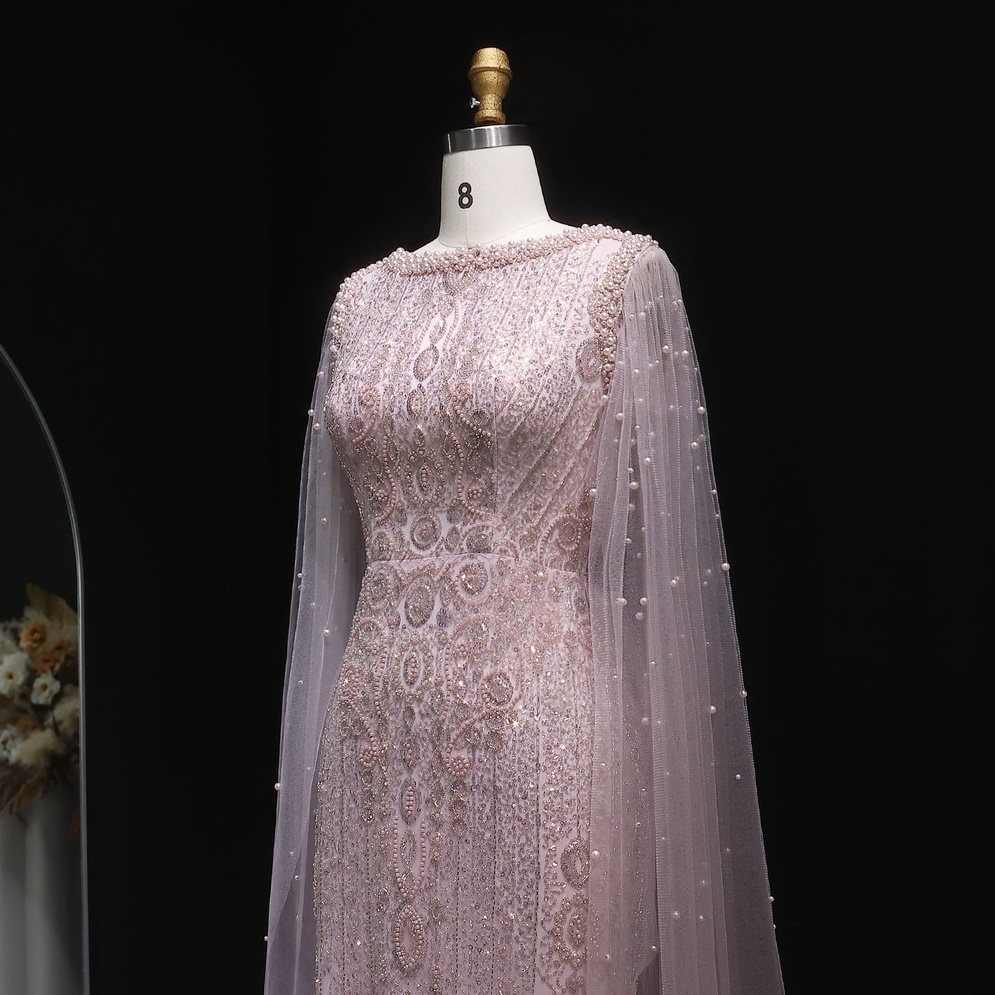 Luxury White Nude Mermaid Evening Dress with Cape Sleeves SS668