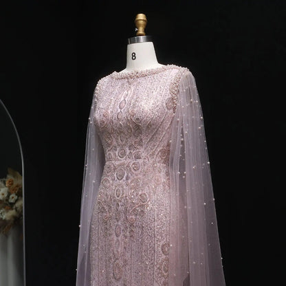 Luxury White Nude Evening Dress with Cape Sleeves SS668
