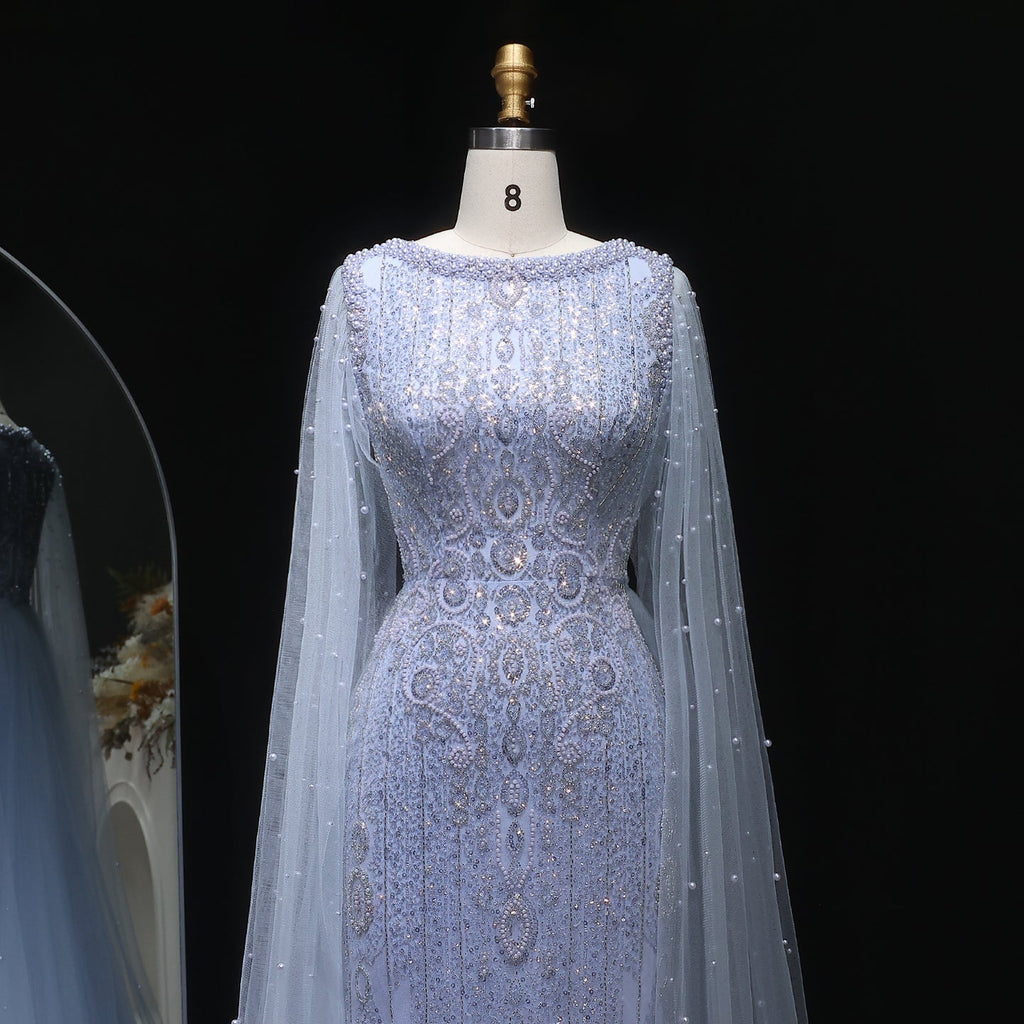 Luxury White Nude Mermaid Evening Dress with Cape Sleeves SS668