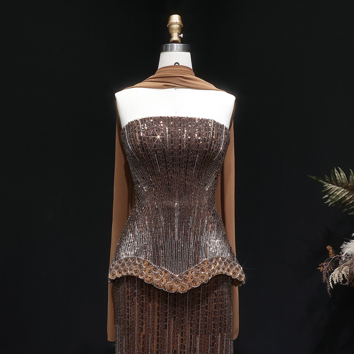 Elegant Orange Peplum Strapless Sequin Evening Dress with Scarf SS560