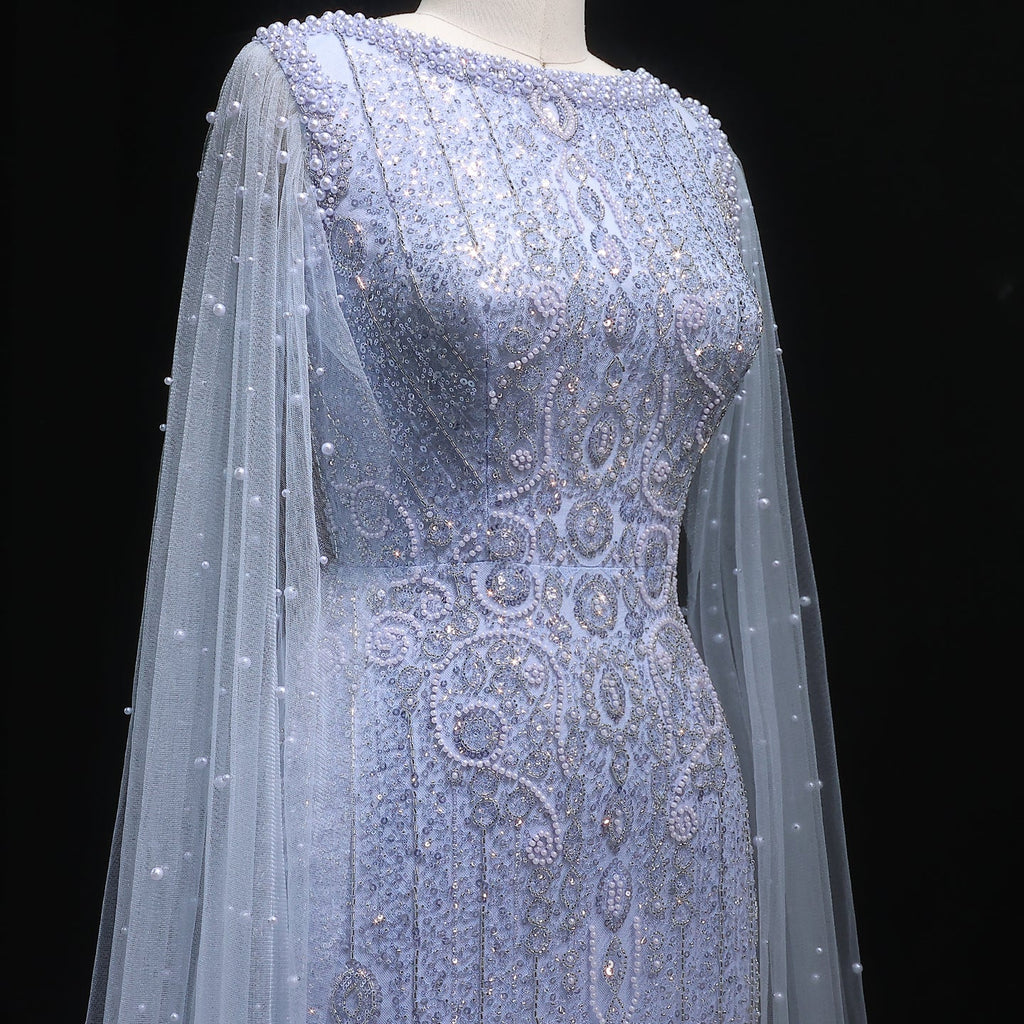 Luxury White Nude Mermaid Evening Dress with Cape Sleeves SS668