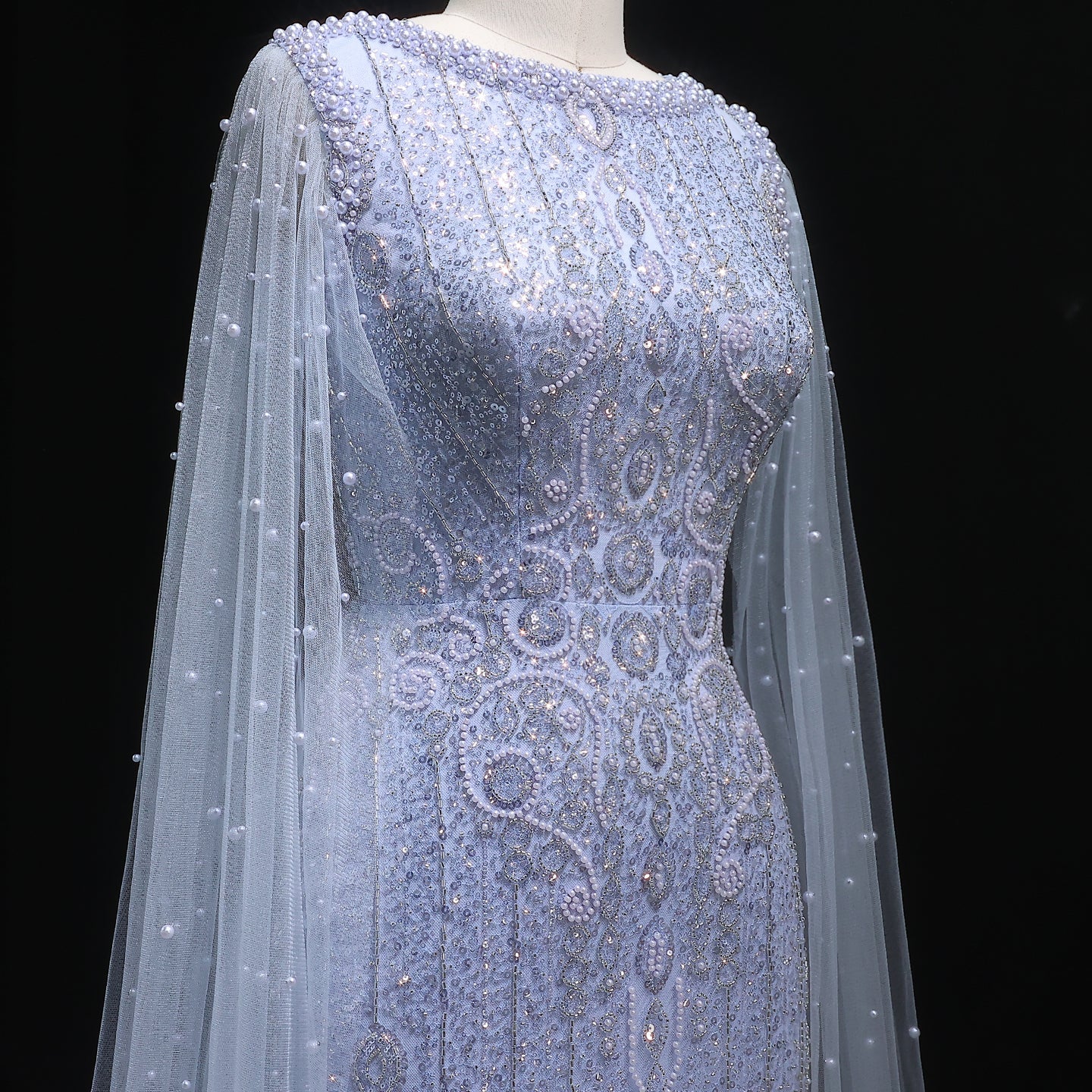 Luxury White Nude Mermaid Evening Dress with Cape Sleeves SS668
