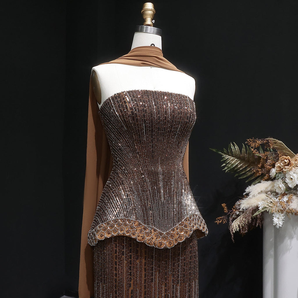 Elegant Orange Peplum Strapless Sequin Evening Dress with Scarf SS560