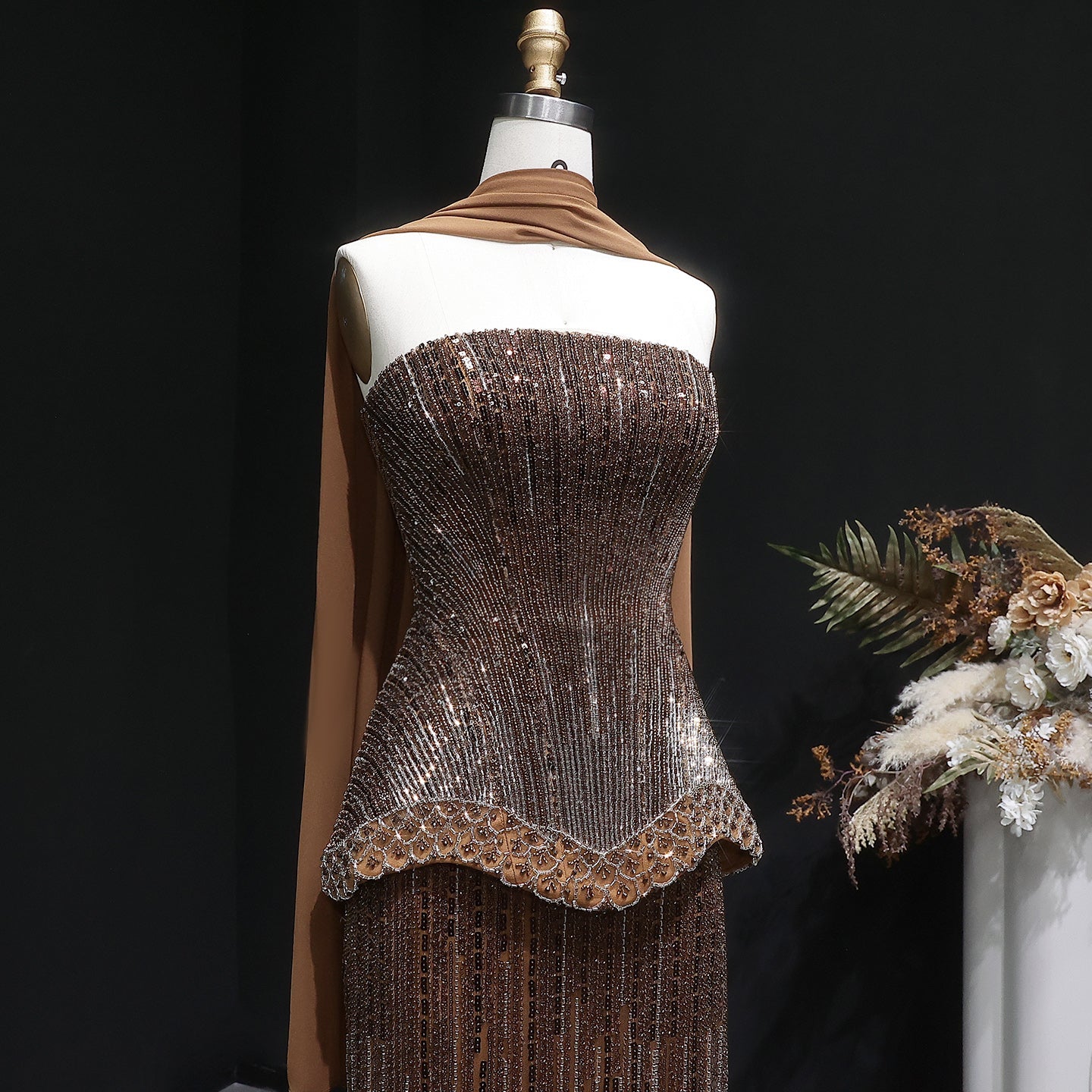 Elegant Orange Peplum Strapless Sequin Evening Dress with Scarf SS560