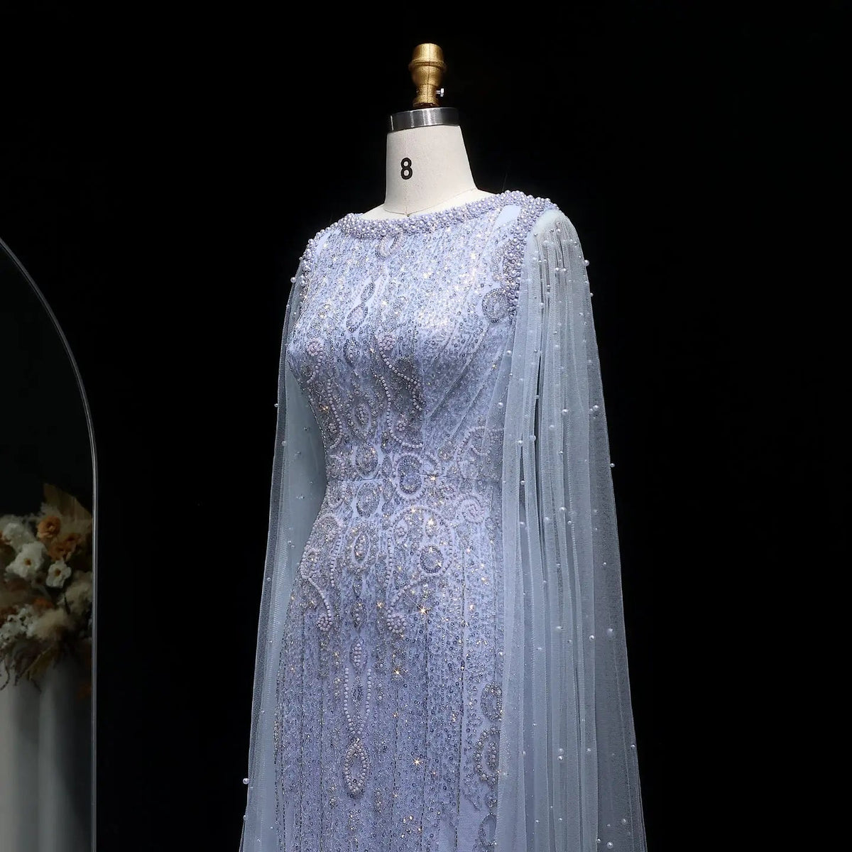 Luxury White Nude Evening Dress with Cape Sleeves SS668