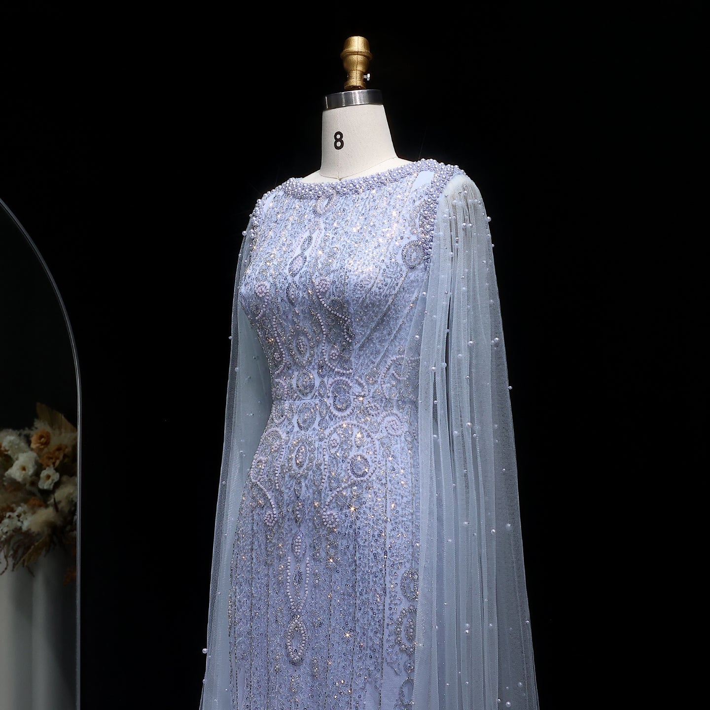 Luxury White Nude Mermaid Evening Dress with Cape Sleeves SS668