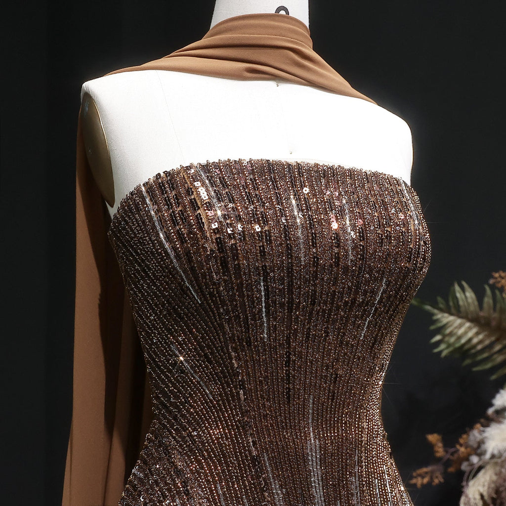 Elegant Orange Peplum Strapless Sequin Evening Dress with Scarf SS560