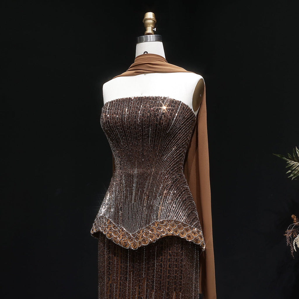 Elegant Orange Peplum Strapless Sequin Evening Dress with Scarf SS560