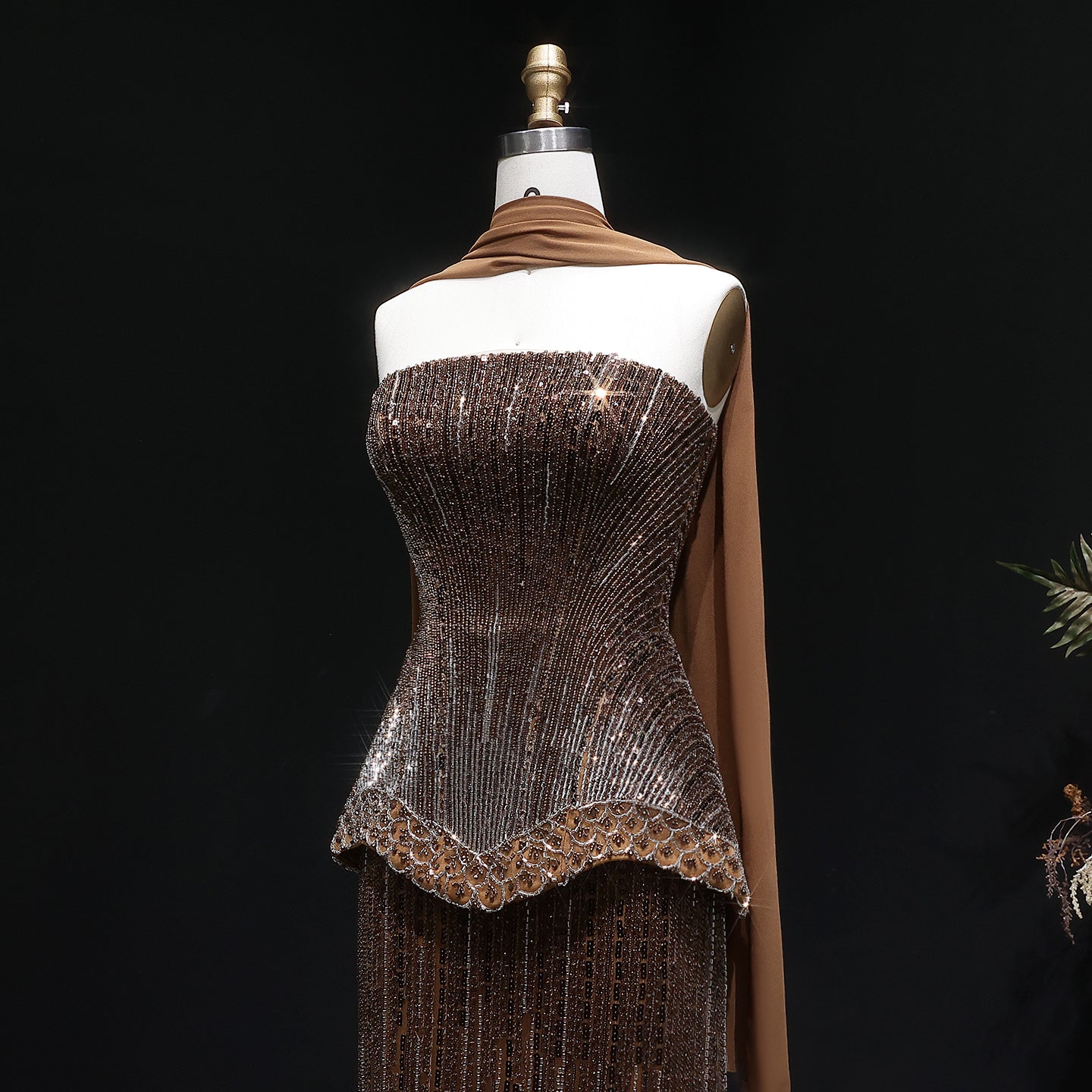 Elegant Orange Peplum Strapless Sequin Evening Dress with Scarf SS560