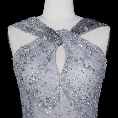 Luxury Gradient Pink Halter Neck Beaded Sequin Evening Dress SS709