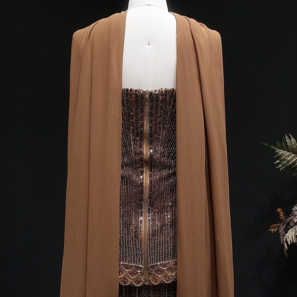 Elegant Orange Peplum Strapless Sequin Evening Dress with Scarf SS560