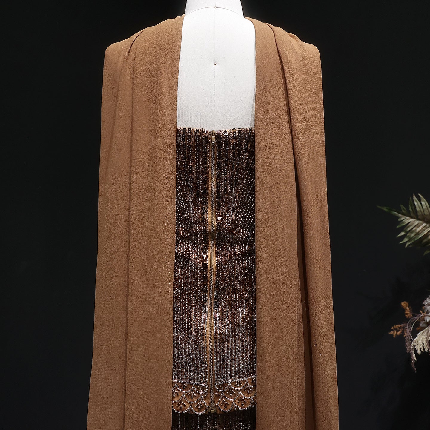 Elegant Orange Peplum Strapless Sequin Evening Dress with Scarf SS560