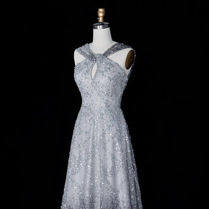 Luxury Gradient Pink Halter Neck Beaded Sequin Evening Dress SS709